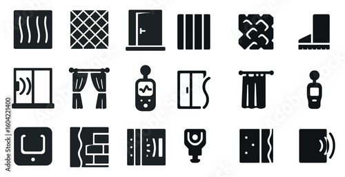 Interior design silhouette icons set – home decor, architecture, furnishings symbols