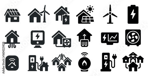 Renewable energy solid icons set – eco-friendly, power, and sustainable design symbols