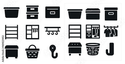 Home organization solid icons set – storage, closet, and shelving symbols