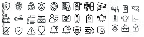 Security and surveillance line icons set – outline, protection, safety symbols