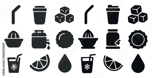 Beverage and juicer solid icons set – filled, silhouette, drink and refreshment symbols