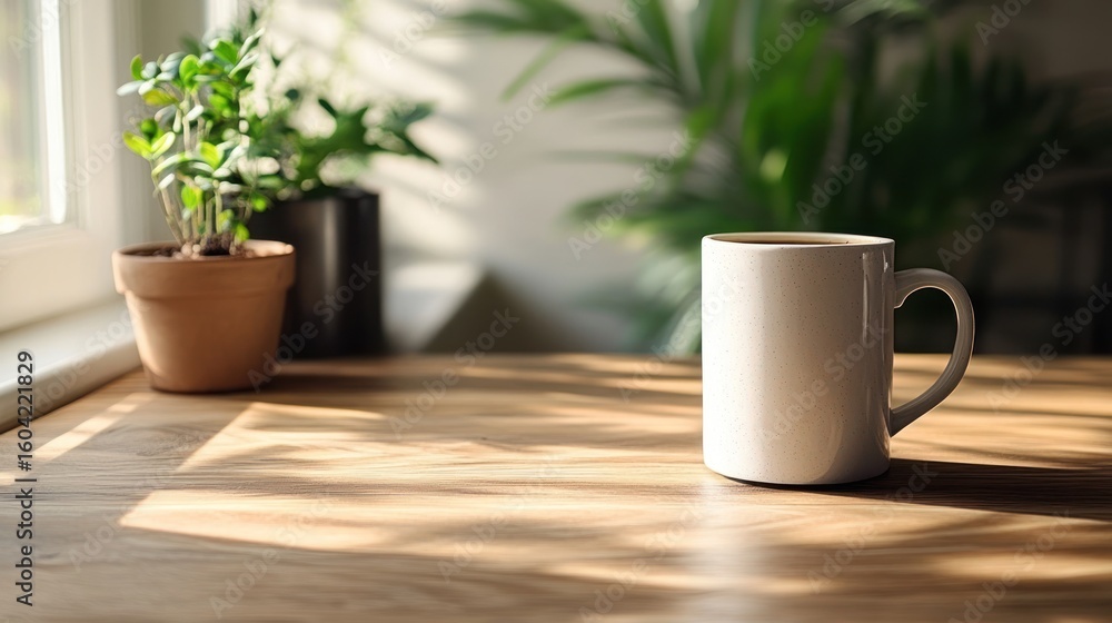 Relaxing morning scene with mug and plants Relaxing morning scene with mug and plants