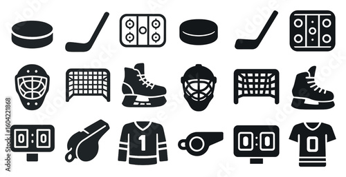 Hockey and sports solid icons set – filled, outline, game and equipment symbols