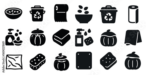 Recycling and eco actions silhouette icons set – solid, filled, sustainability symbols