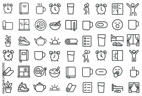 Morning routine line icons set – outline, flat, daily habits and wellness symbols