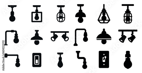 Industrial lighting silhouette icons set – solid, filled, lamp and fixture symbols