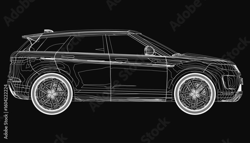 Car 3D model blueprint with precise contours and sleek lines on a black background. The detailed curves highlight the car's elegant design and aerodynamic shape.