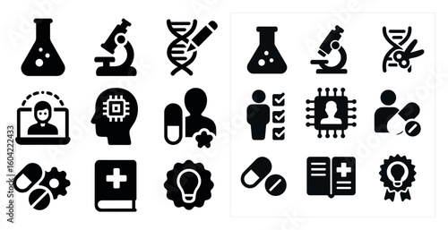 Science and technology solid icons set – lab, research, experiment and innovation symbols
