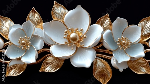 Ornate white flowers with gold accents on black background