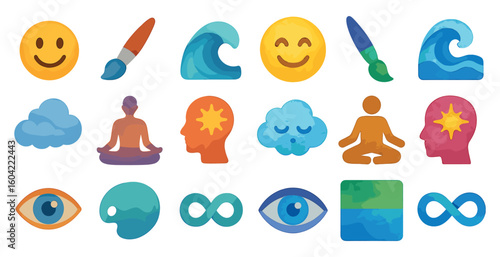 Mindfulness and wellbeing icons set – flat, filled, meditation and relaxation symbols