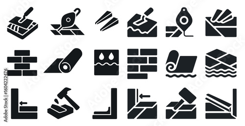 Construction tools solid icons set - filled, building and repair symbols