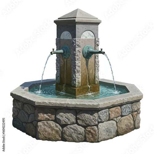 Detailed Illustration of a Classic Stone Drinking Fountain with Water Spouting.