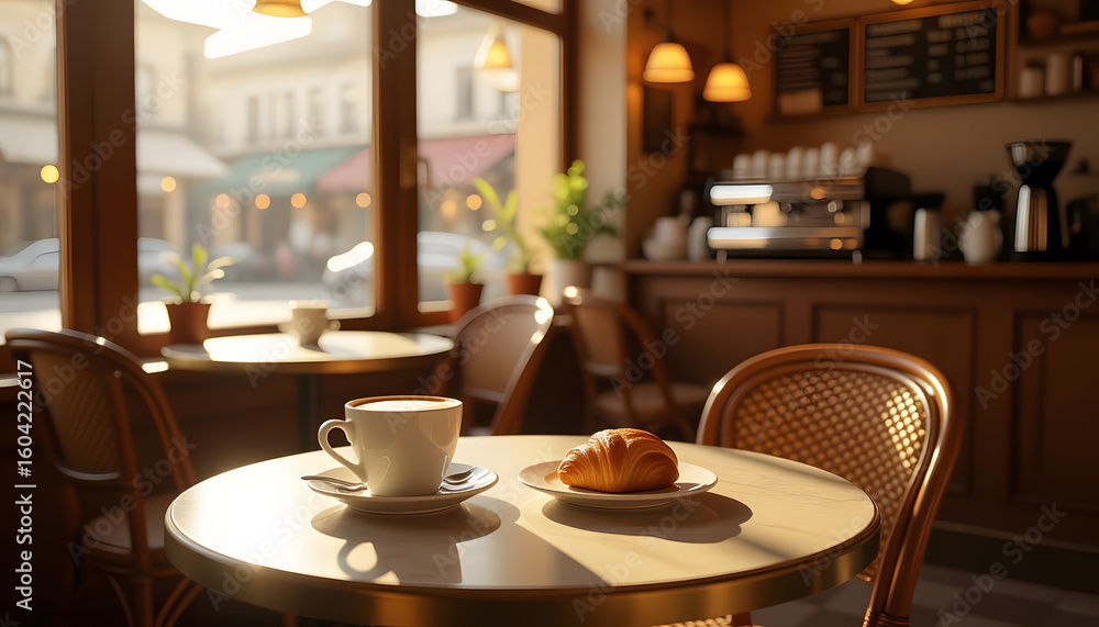 Fototapeta premium Warm Cafe Interior Scene with Coffee Cup and Croissant Delight
