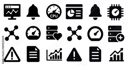 Network and data solid icons set – flat, filled, analytics and server symbols