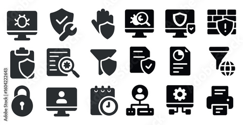 Cybersecurity and protection solid icons set – filled, network, secure data symbols