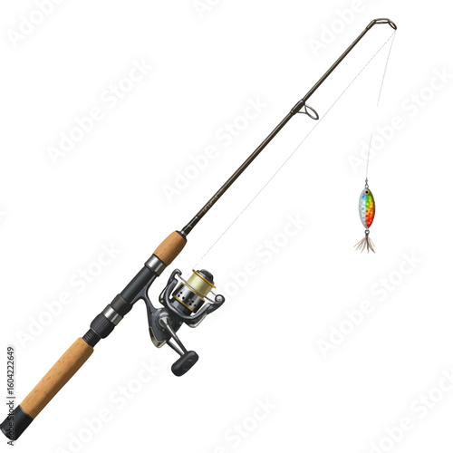 Fishing Rod with Spinning Reel and Colorful Lure Isolated on White.