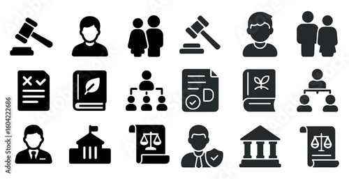 Legal and justice solid icons set – filled, court, attorney symbols