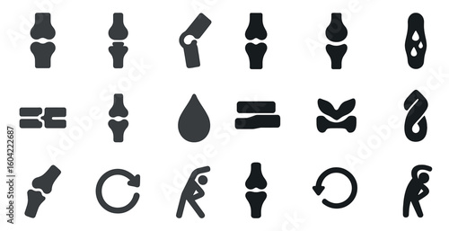 Orthopedic solid icons set – joint, bone, medical symbols for healthcare design