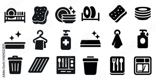 Kitchen chores solid icons set – filled, household and cleaning symbols