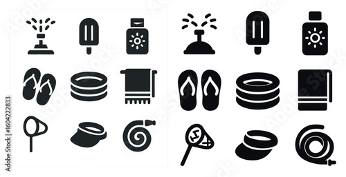 Summer essentials solid icons set – filled, vacation and beach symbols