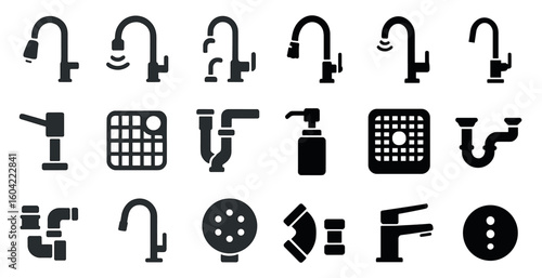 Plumbing and faucet solid icons set – silhouette, filled, piping and fixture symbols