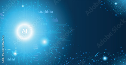Abstract blue background with a glowing AI symbol, circuit patterns, and a network mesh design.