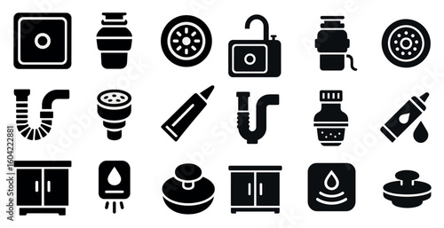 Plumbing solid icons set – filled, fixtures, water system symbols