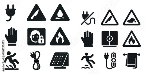 Safety and warning solid icons set – filled, hazard and caution signs collection