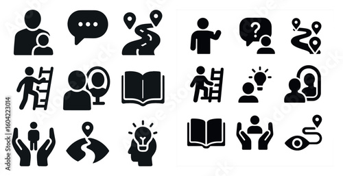 Community and guidance solid icons set – filled, social, navigation symbols
