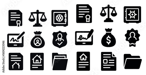 Legal and finance solid icons set – filled, law, money management symbols