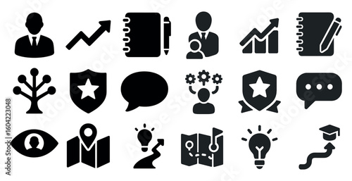 Business and strategy solid icons set – filled, corporate and planning symbols