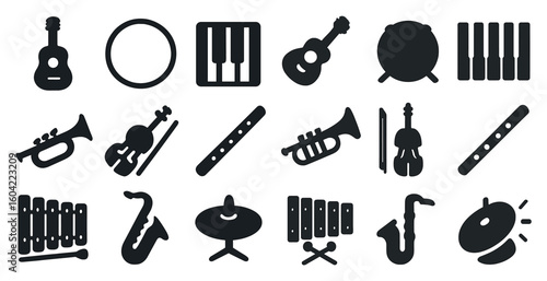 Music and instrument silhouette icons set – solid, filled, musical symbols and notes