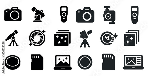 Photography and camera solid icons set – filled, flat, photo and film equipment
