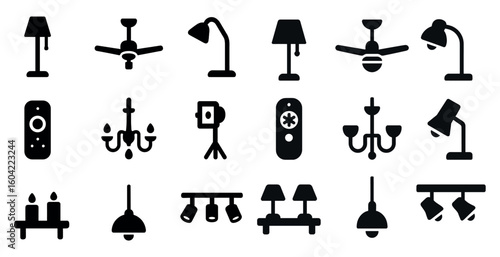 Home lighting silhouette icons set – lamp, chandelier, illumination symbols