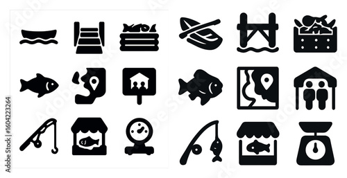 Fishing and aquatic activities icons set – solid, filled, marine symbols