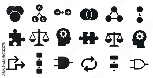 Business and strategy icons set – solid, filled, management and organization symbols