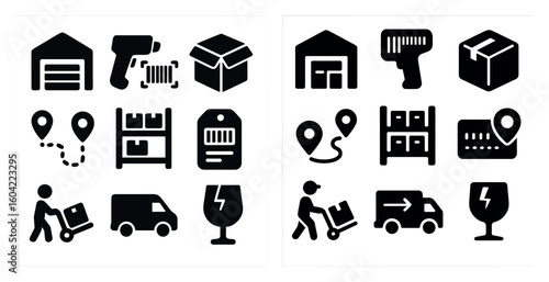 Warehouse and logistics silhouette icons set – solid, storage and distribution symbols