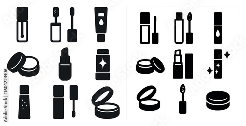 Beauty and cosmetics solid icons set – flat, filled makeup and skincare symbols