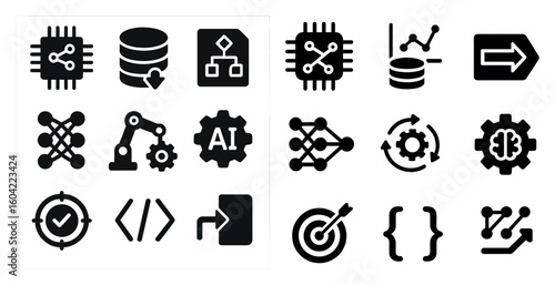 Tech and ai filled icons set – solid, machine learning and data processing symbols