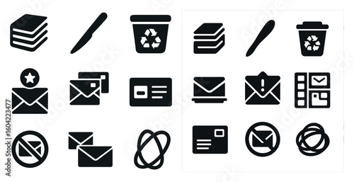 Office and communication icons set – solid, filled, email and stationery symbols