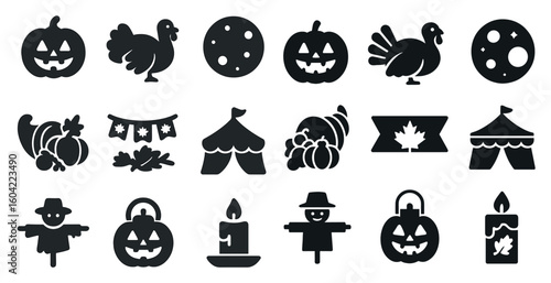 Thanksgiving solid icons set – fall, silhouette, seasonal and harvest symbols