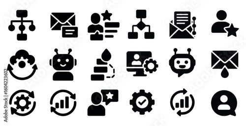 Business and communication solid icons set – filled, flat, corporate symbols