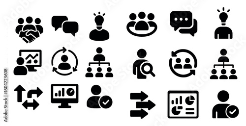 Business and teamwork solid icons set – filled, collaboration and management symbols