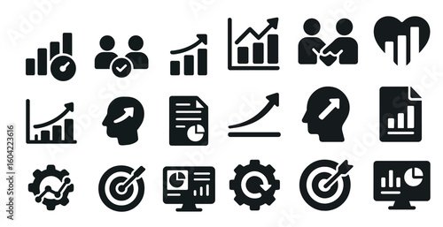 Business and growth icons set – solid, filled, success and analytics symbols