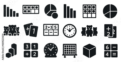 Math education solid icons set – filled, learning, arithmetic symbols for classrooms