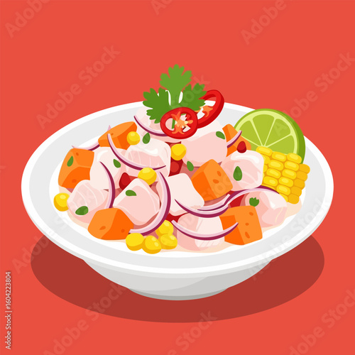 Delicious Ceviche Dish with Lime on White Plate