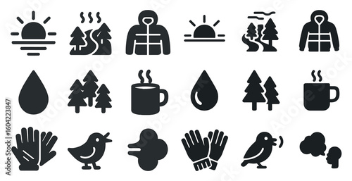 Nature and outdoor solid icons set – filled, adventure, camping symbols