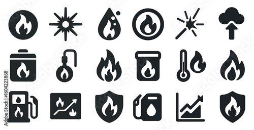 Fire safety solid icons set – flat, filled, hazard prevention and warning symbols