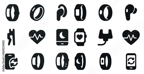 Smartwatch and fitness solid icons set – filled, wearable technology symbols
