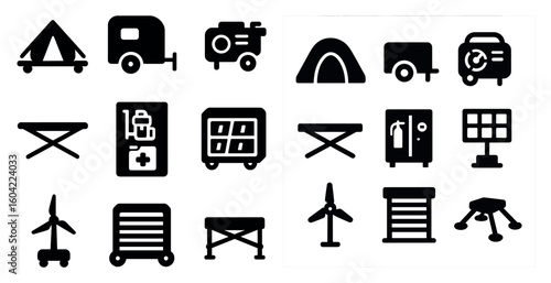 Camping equipment solid icons set – silhouette, flat, outdoor adventure symbols